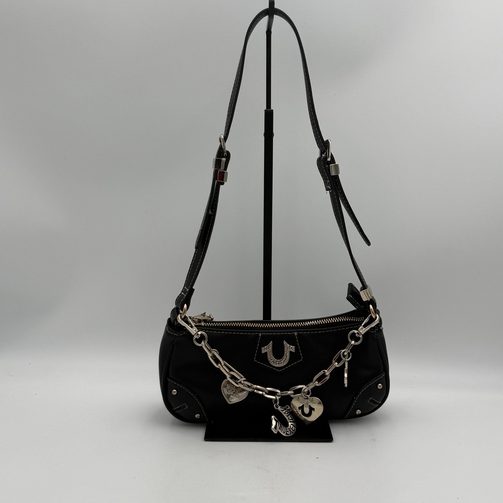 True Religion Black Baguette Shoulder Bag Charm Chain Crystal Horseshoe Y2K